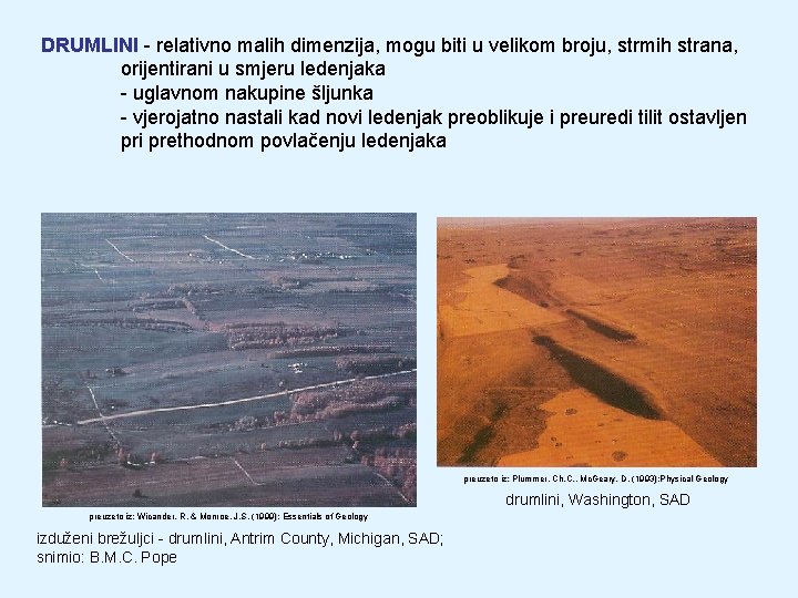 DRUMLINI - relativno malih dimenzija, mogu biti u velikom broju, strmih strana, orijentirani u