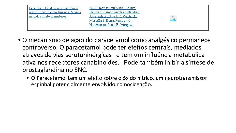 Paracetamol endovenoso diminui o requerimento de morfina nos Recémnascidos muito prematuros Antti Härmä; Outi