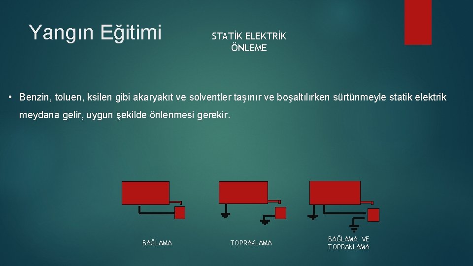 Yangın Eğitimi STATİK ELEKTRİK ÖNLEME • Benzin, toluen, ksilen gibi akaryakıt ve solventler taşınır