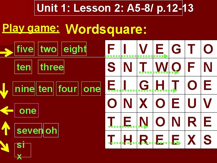Unit 1: Lesson 2: A 5 8/ p. 12 13 Play game: Wordsquare: five