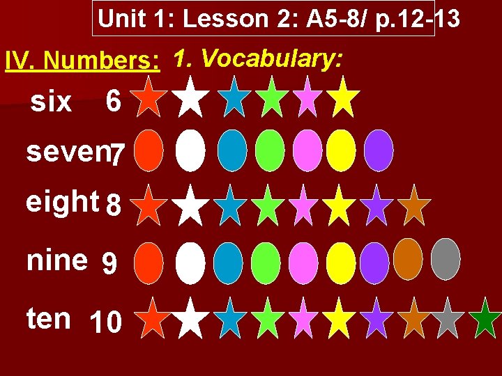 Unit 1: Lesson 2: A 5 8/ p. 12 13 IV. Numbers: 1. Vocabulary: