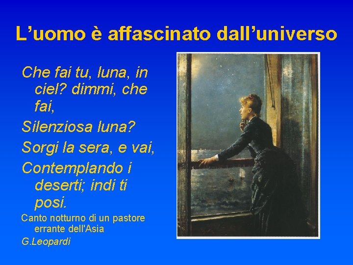 L’uomo è affascinato dall’universo Che fai tu, luna, in ciel? dimmi, che fai, Silenziosa