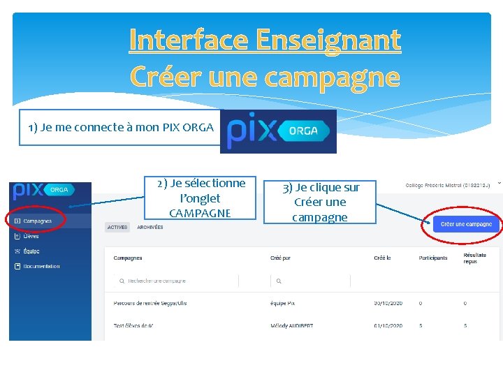 Interface Enseignant Créer une campagne 1) Je me connecte à mon PIX ORGA 2)