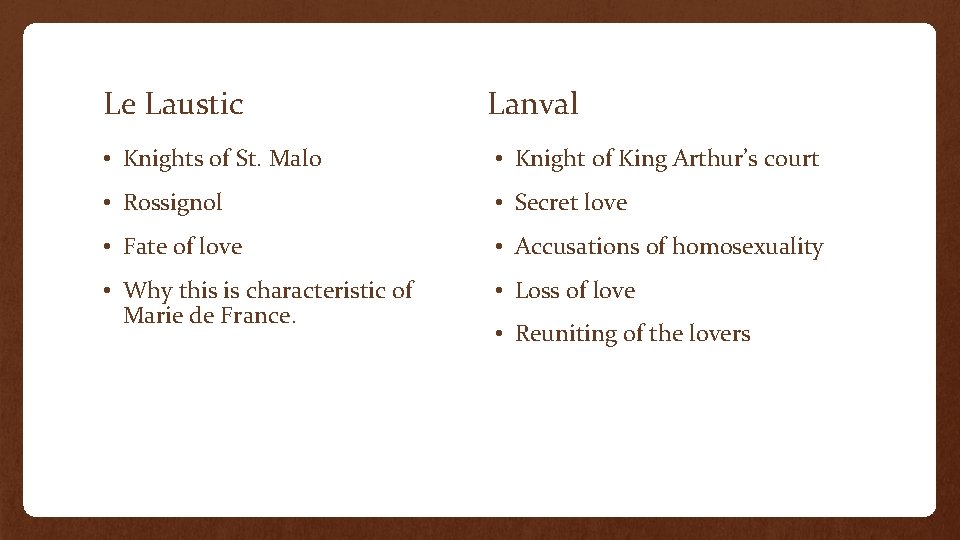 Le Laustic Lanval • Knights of St. Malo • Knight of King Arthur’s court