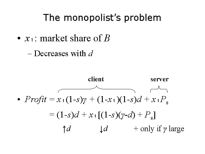 The monopolist’s problem • x₁: market share of B – Decreases with d client