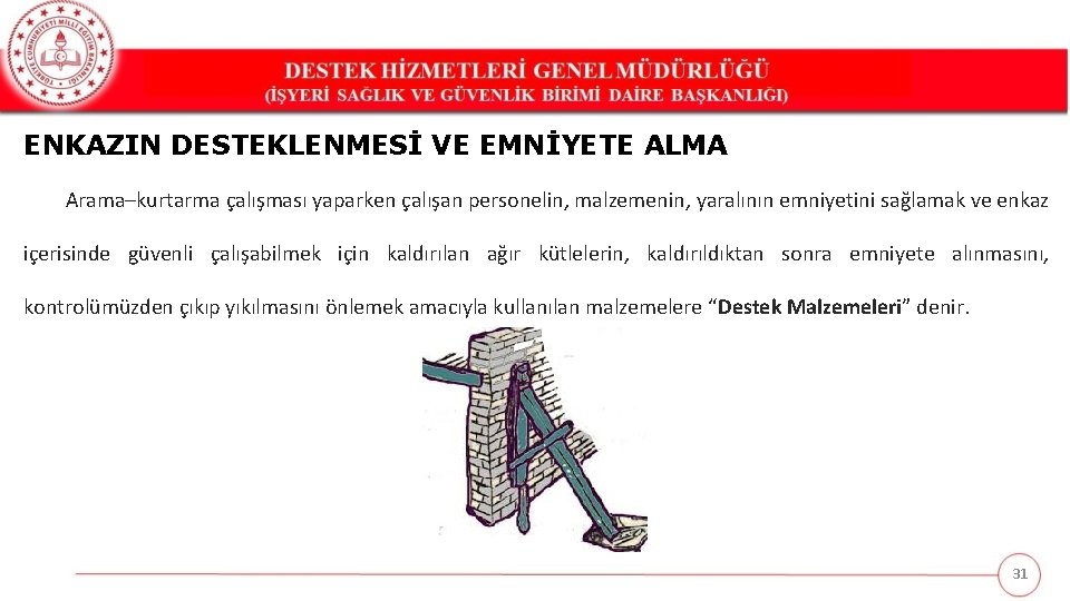 ENKAZIN DESTEKLENMESİ VE EMNİYETE ALMA Arama–kurtarma çalışması yaparken çalışan personelin, malzemenin, yaralının emniyetini sağlamak