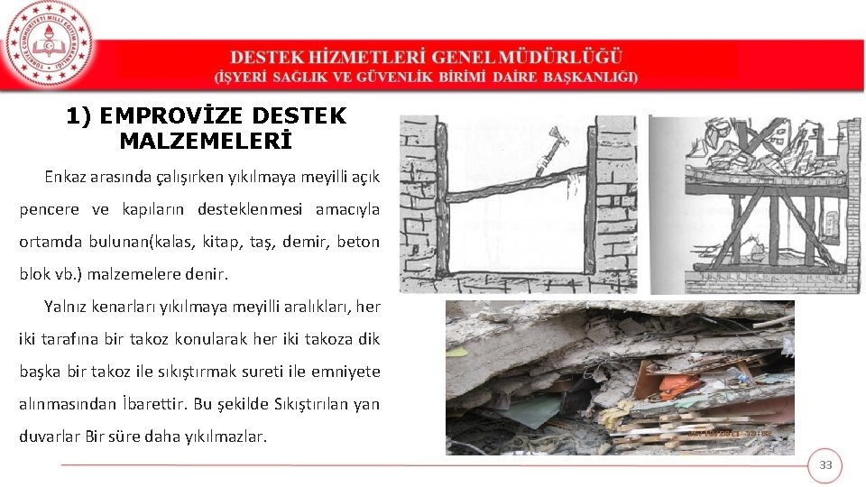 1) EMPROVİZE DESTEK MALZEMELERİ Enkaz arasında çalışırken yıkılmaya meyilli açık pencere ve kapıların desteklenmesi