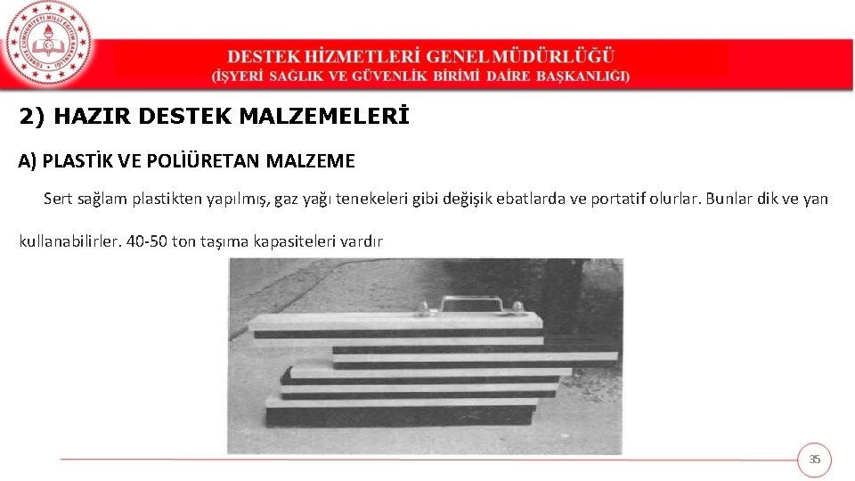 2) HAZIR DESTEK MALZEMELERİ A) PLASTİK VE POLİÜRETAN MALZEME Sert sağlam plastikten yapılmış, gaz