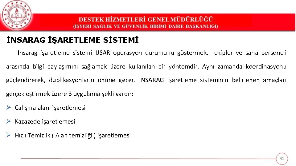 İNSARAG İŞARETLEME SİSTEMİ Insarag işaretleme sistemi USAR operasyon durumunu göstermek, ekipler ve saha personeli