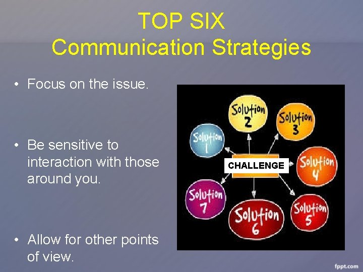TOP SIX Communication Strategies • Focus on the issue. • Be sensitive to interaction