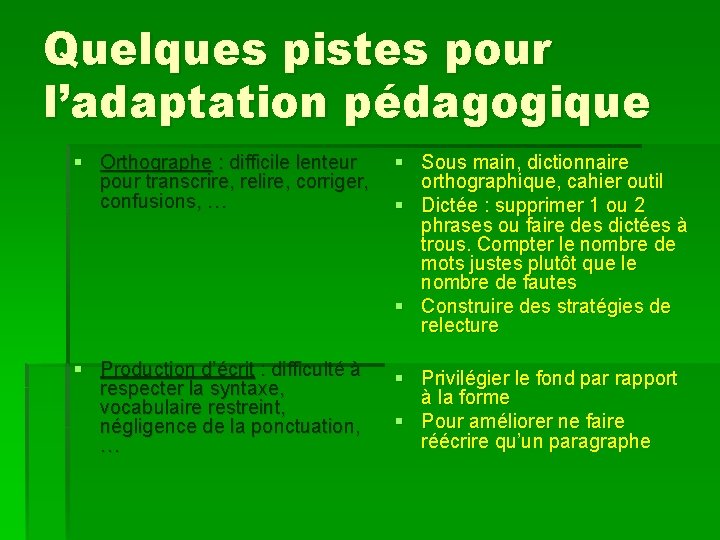 Quelques pistes pour l’adaptation pédagogique § Orthographe : difficile lenteur pour transcrire, relire, corriger,