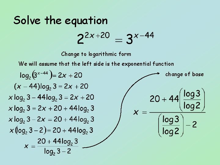 Solve the equation Change to logarithmic form We will assume that the left side