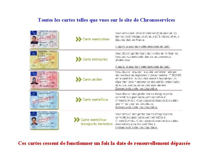 Toutes les cartes telles que vues sur le site de Chronoservices Ces cartes cessent