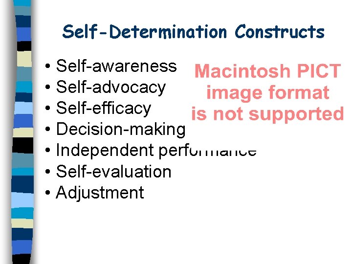 Self-Determination Constructs • Self-awareness • Self-advocacy • Self-efficacy • Decision-making • Independent performance •