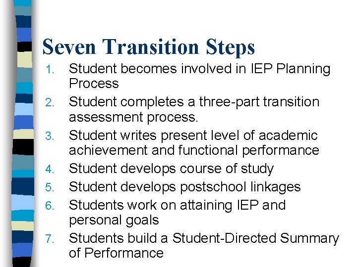 Seven Transition Steps 1. 2. 3. 4. 5. 6. 7. Student becomes involved in