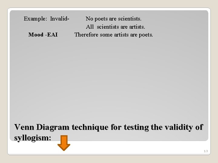 Example: Invalid. Mood -EAI No poets are scientists. All scientists are artists. Therefore some Example: Invalid. Mood -EAI No poets are scientists. All scientists are artists. Therefore some