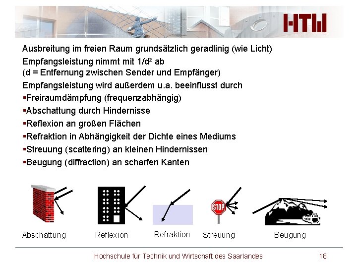 Ausbreitung im freien Raum grundsätzlich geradlinig (wie Licht) Empfangsleistung nimmt mit 1/d² ab (d