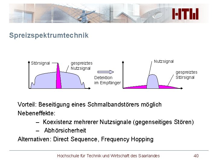 Spreizspektrumtechnik Störsignal Nutzsignal gespreiztes Nutzsignal Detektion im Empfänger gespreiztes Störsignal Vorteil: Beseitigung eines Schmalbandstörers