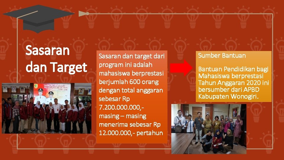 Sasaran dan Target Sasaran dan target dari program ini adalah mahasiswa berprestasi berjumlah 600