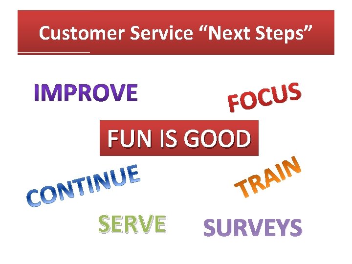 Customer Service “Next Steps” S U C FO FUN IS GOOD SERVE SURVEYS 