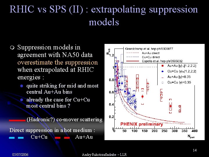 RHIC vs SPS (II) : extrapolating suppression models m Suppression models in agreement with