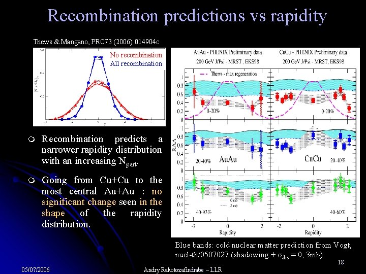 Recombination predictions vs rapidity Thews & Mangano, PRC 73 (2006) 014904 c No recombination