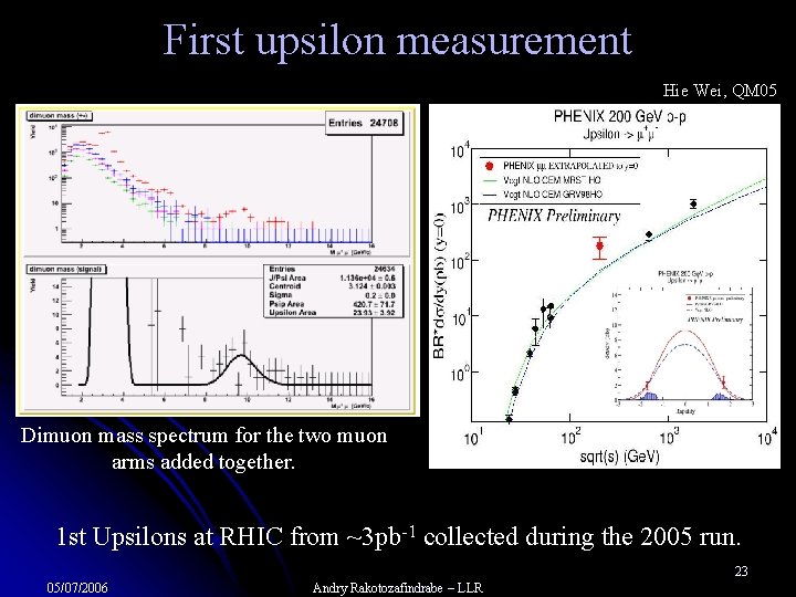 First upsilon measurement Hie Wei, QM 05 Dimuon mass spectrum for the two muon
