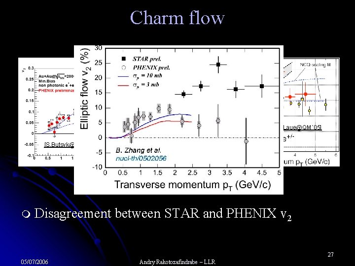 Charm flow [F. Laue@QM`05] [S. Butsyk@QM`05] m Disagreement between STAR and PHENIX v 2