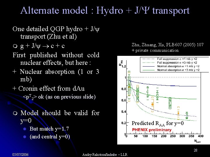 Alternate model : Hydro + J/ transport One detailed QGP hydro + J/ψ transport