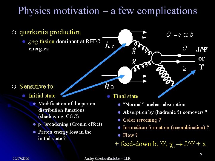 Physics motivation – a few complications m quarkonia production l m g+g fusion dominant