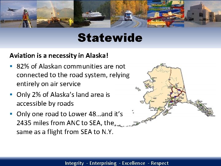 Statewide Aviation is a necessity in Alaska! § 82% of Alaskan communities are not