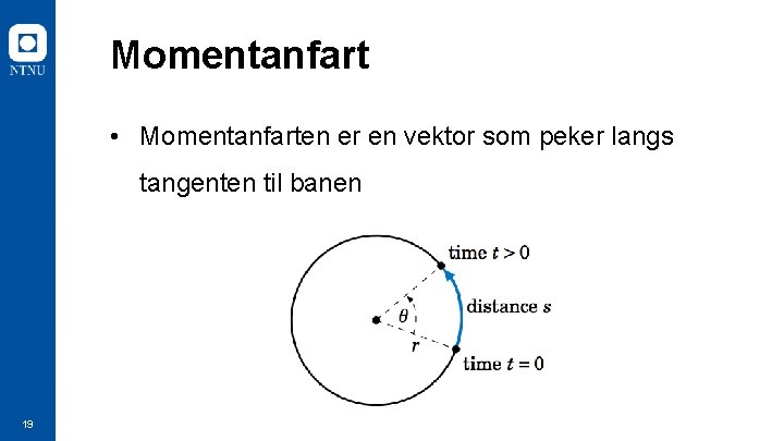 Momentanfart • Momentanfarten er en vektor som peker langs tangenten til banen 19 