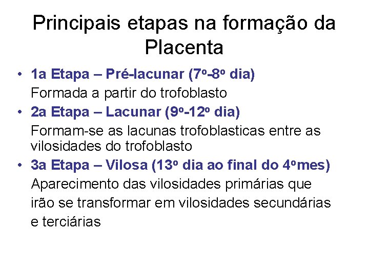 Principais etapas na formação da Placenta • 1 a Etapa – Pré-lacunar (7 o-8