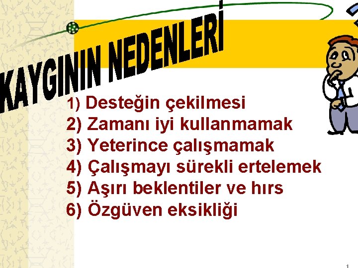 1) Desteğin çekilmesi 2) Zamanı iyi kullanmamak 3) Yeterince çalışmamak 4) Çalışmayı sürekli ertelemek