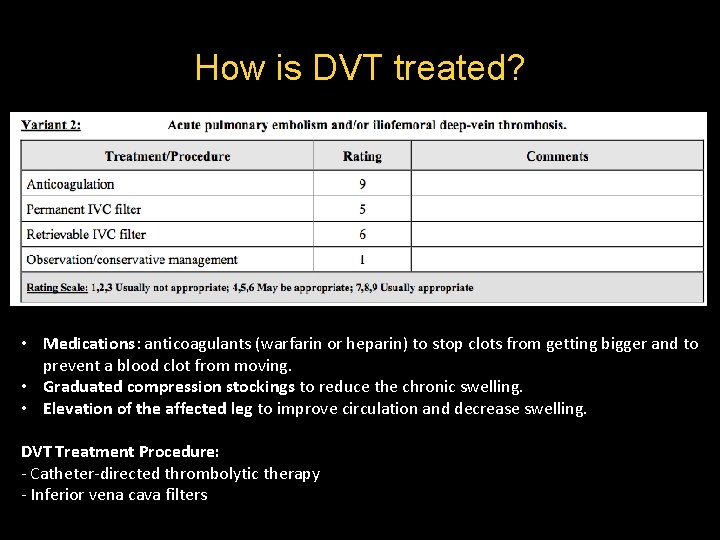 How is DVT treated? • Medications: anticoagulants (warfarin or heparin) to stop clots from How is DVT treated? • Medications: anticoagulants (warfarin or heparin) to stop clots from