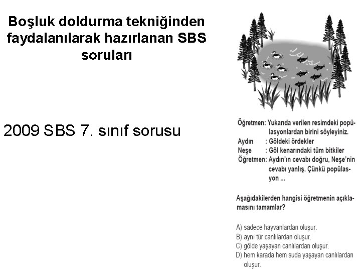 Boşluk doldurma tekniğinden faydalanılarak hazırlanan SBS soruları 2009 SBS 7. sınıf sorusu 