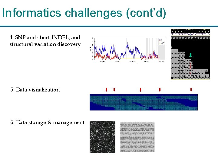 Informatics challenges (cont’d) 4. SNP and short INDEL, and structural variation discovery 5. Data
