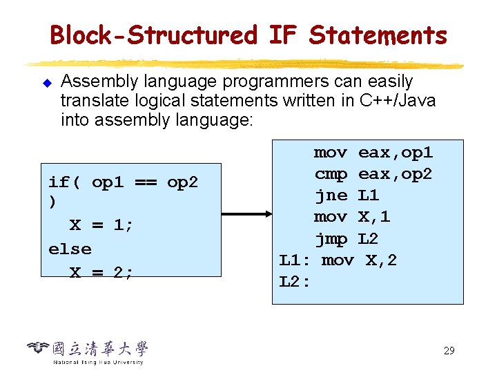 Block-Structured IF Statements u Assembly language programmers can easily translate logical statements written in