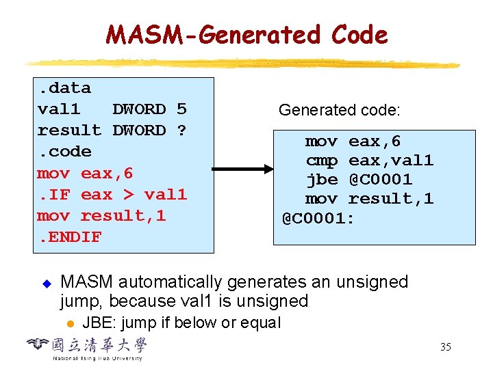 MASM-Generated Code. data val 1 DWORD 5 result DWORD ? . code mov eax,