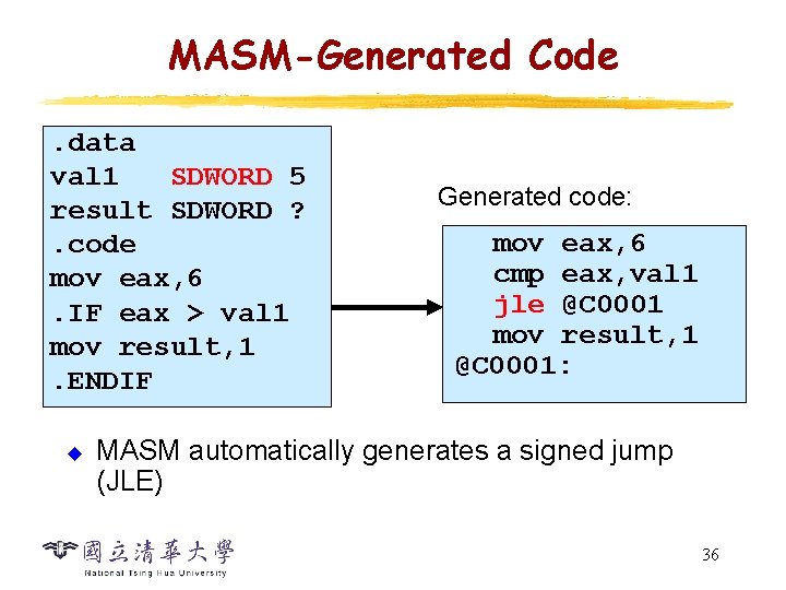 MASM-Generated Code. data val 1 SDWORD 5 result SDWORD ? . code mov eax,