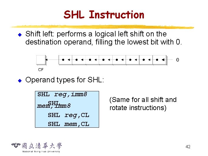 SHL Instruction u u Shift left: performs a logical left shift on the destination