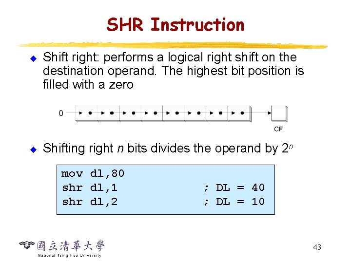 SHR Instruction u u Shift right: performs a logical right shift on the destination