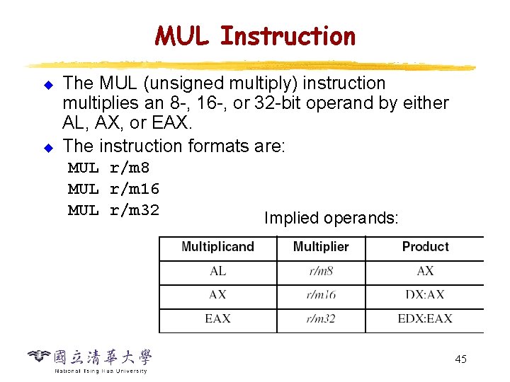 MUL Instruction u u The MUL (unsigned multiply) instruction multiplies an 8 -, 16
