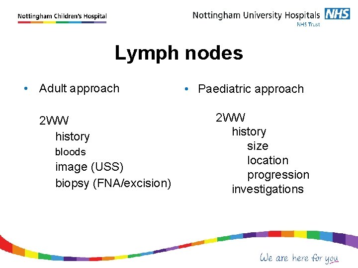 Lymph nodes • Adult approach 2 WW history bloods image (USS) biopsy (FNA/excision) •