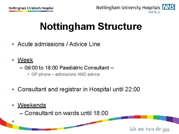  Nottingham Structure • Acute admissions / Advice Line • Week – 09: 00