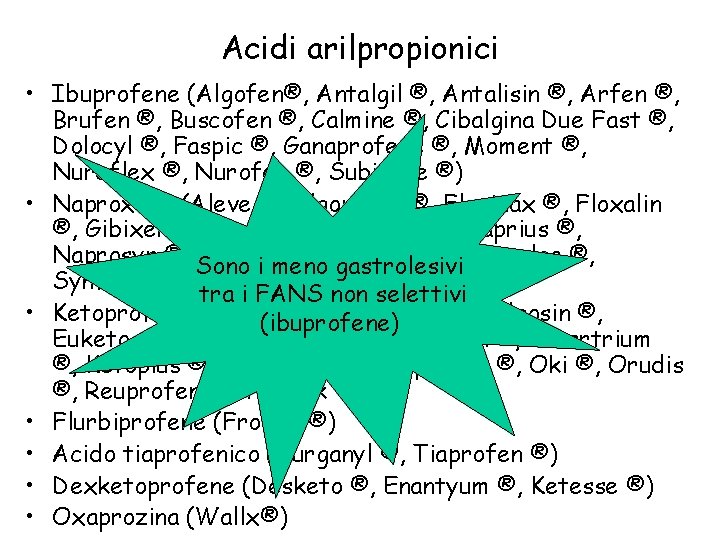 Acidi arilpropionici • Ibuprofene (Algofen®, Antalgil ®, Antalisin ®, Arfen ®, Brufen ®, Buscofen