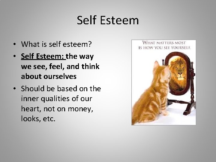 Self Esteem • What is self esteem? • Self Esteem: the way we see,