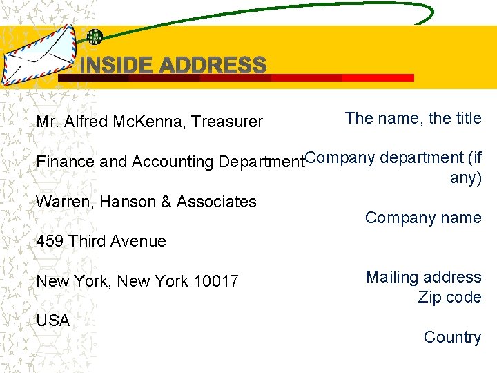 INSIDE ADDRESS Mr. Alfred Mc. Kenna, Treasurer The name, the title Finance and Accounting