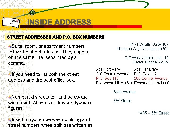 INSIDE ADDRESS Suite, room, or apartment numbers follow the street address. They appear on