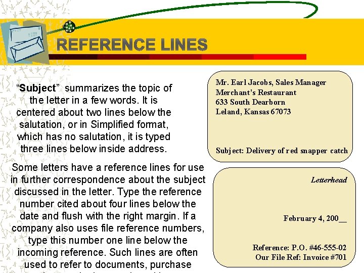 REFERENCE LINES “Subject” summarizes the topic of the letter in a few words. It